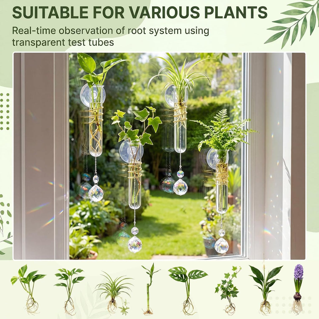 Zhehao 4 Set Window Hanging Propagation Stations 5.9'' Plastic Propagation Vases with Suction Cup & Crystal Pendants