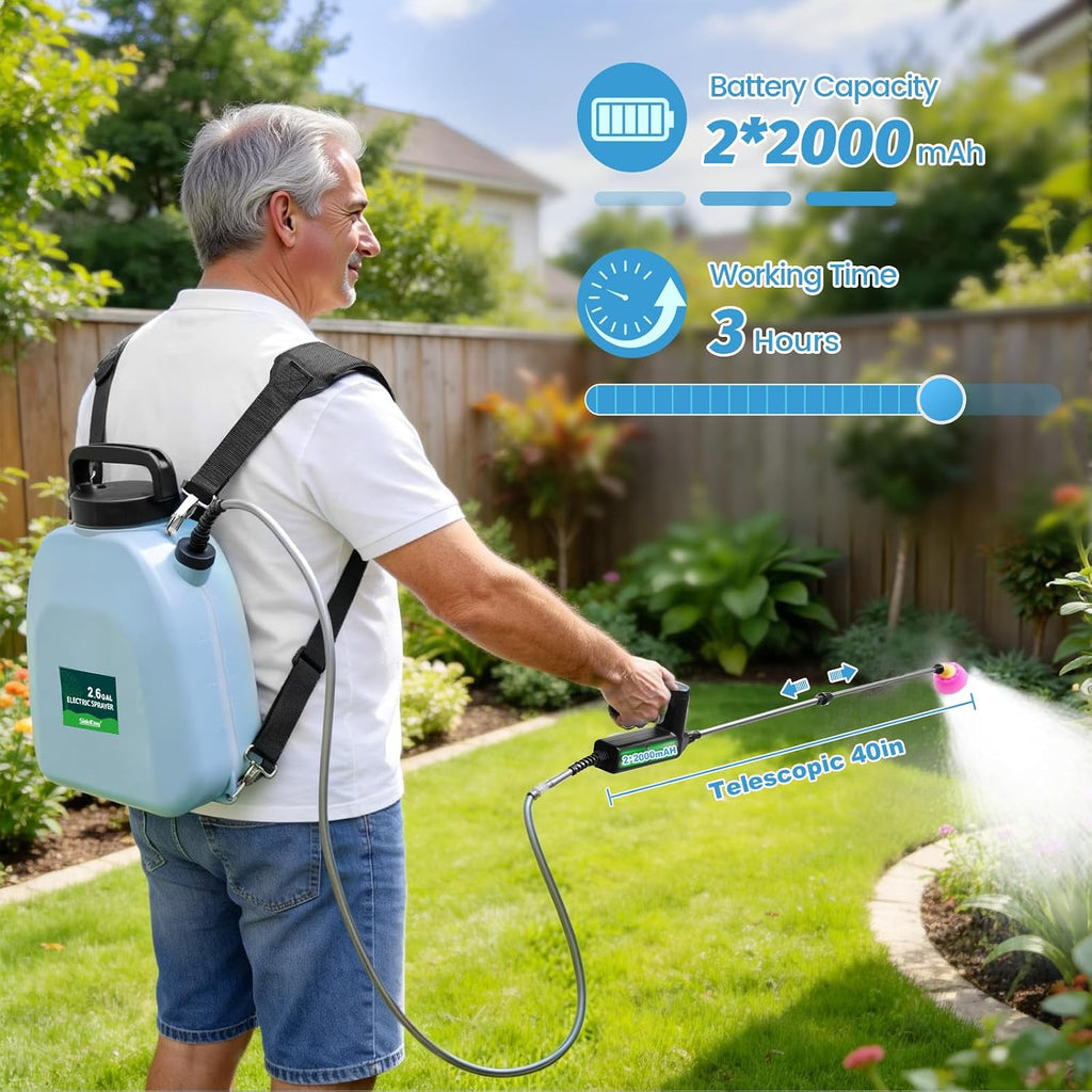 SideKing 2.6 Gallon Battery Powered Backpack Sprayer, Electric Weed Sprayer with 3 Adjustable Pressures, Battery