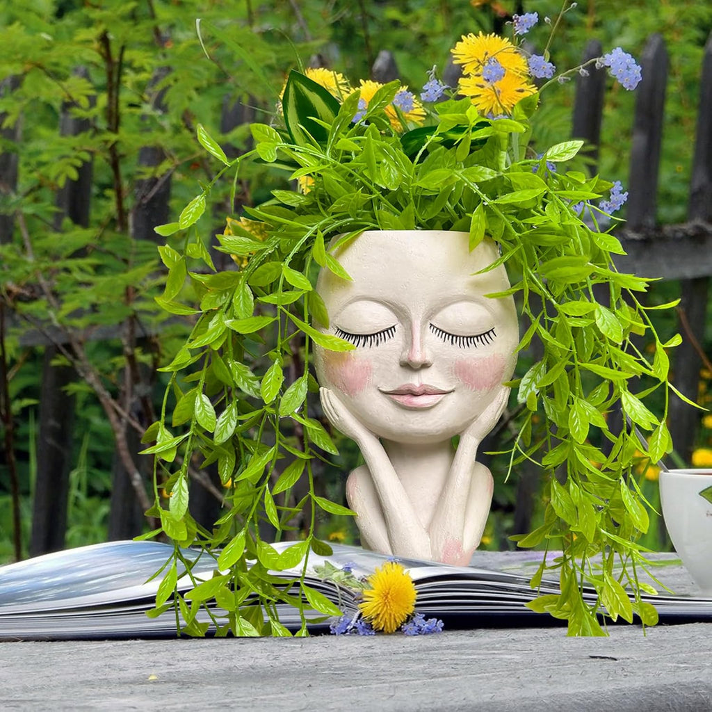 Face Planter Pot for Succulents, White Head Plant Pot with Drainage Hole | Funny Face Planter with Drainage Hole