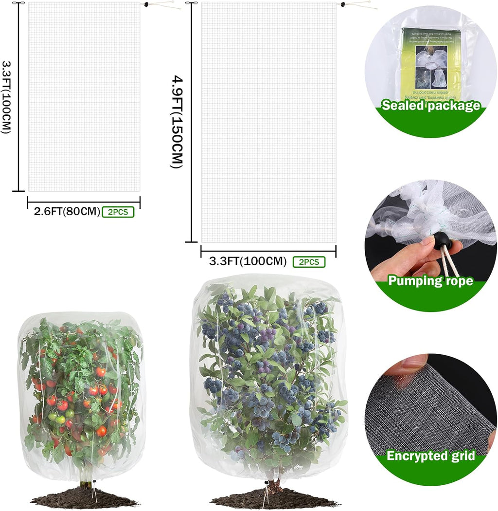 4 Pack Garden Mesh Netting for Plants 2.6x3.3ft - 3.3x4.9ft Insect Bird Netting Pest Barrier Bag with Drawstring 2 Size