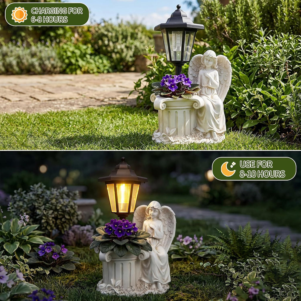 Solar Angel Outdoor Garden Statues with Lantern & Flower Pot | Resin Angel Figurines for Yard Lawn Porch Patio Balcony