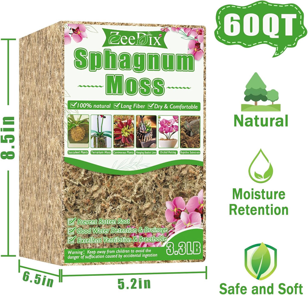 3.3 lb Premium Sphagnum Moss Bulk, Dried Long Fiber Orchid Sphagnum Peat Moss for Indoor Outdoor Plants, Carnivorous