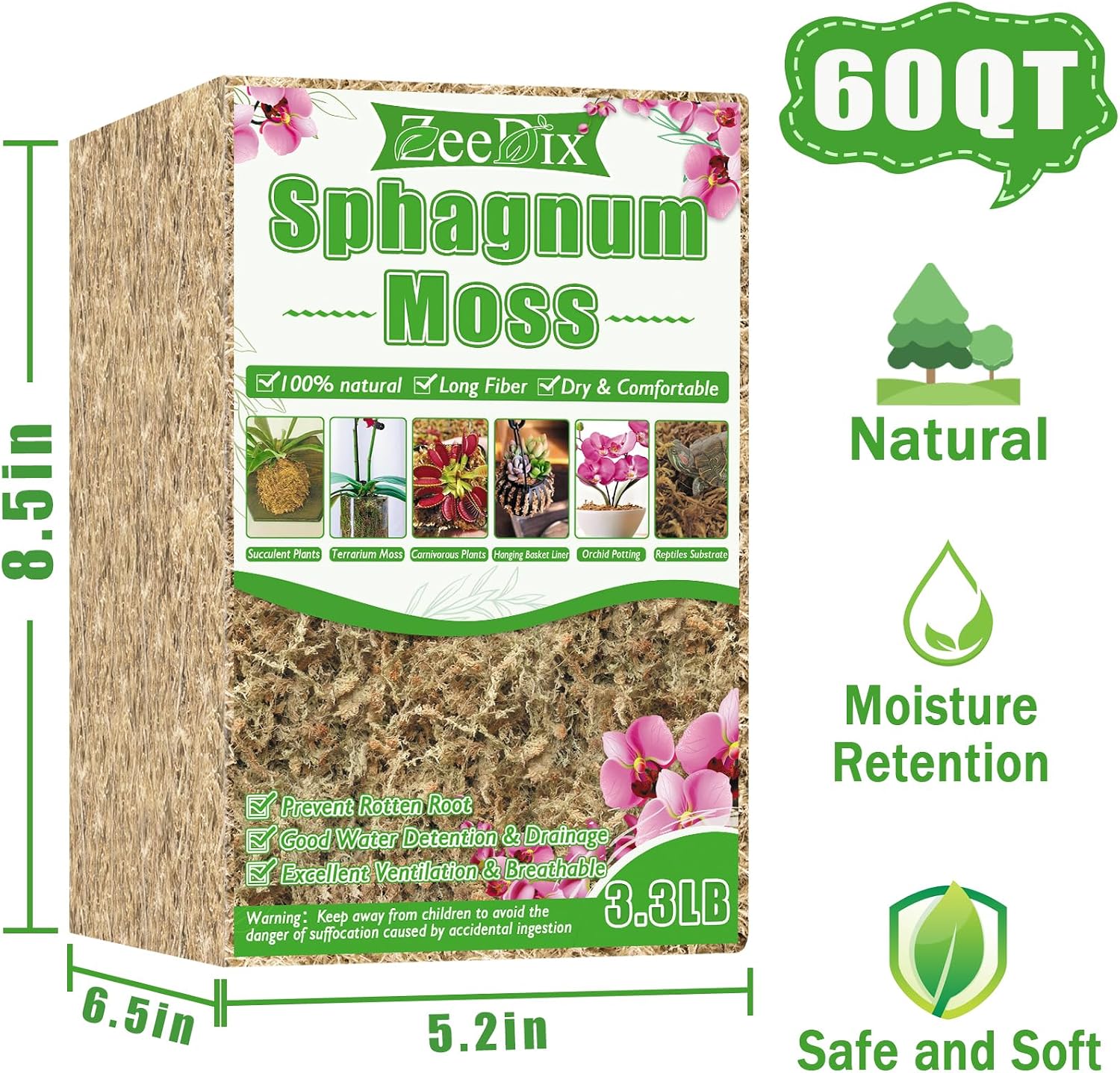 3.3 lb Premium Sphagnum Moss Bulk, Dried Long Fiber Orchid Sphagnum Peat Moss for Indoor Outdoor Plants, Carnivorous