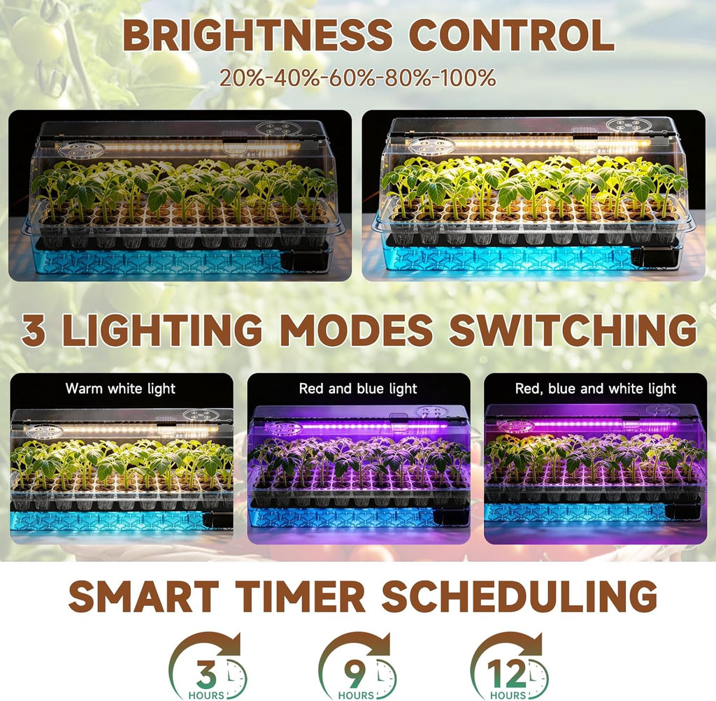 72 Cells Seed Starter Tray Self Watering, Seed Starter Kit with Grow Light, Full Spectrum with 5 Dimmable Brightness &