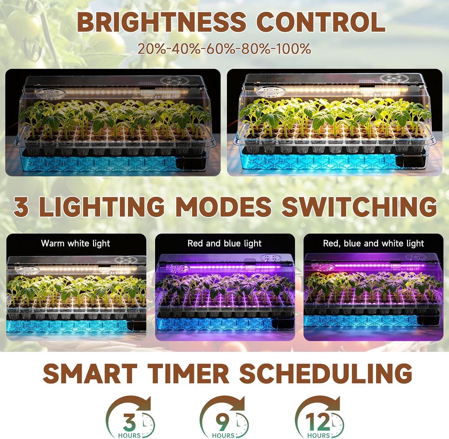 72 Cells Seed Starter Tray Self Watering, Seed Starter Kit with Grow Light, Full Spectrum with 5 Dimmable Brightness &