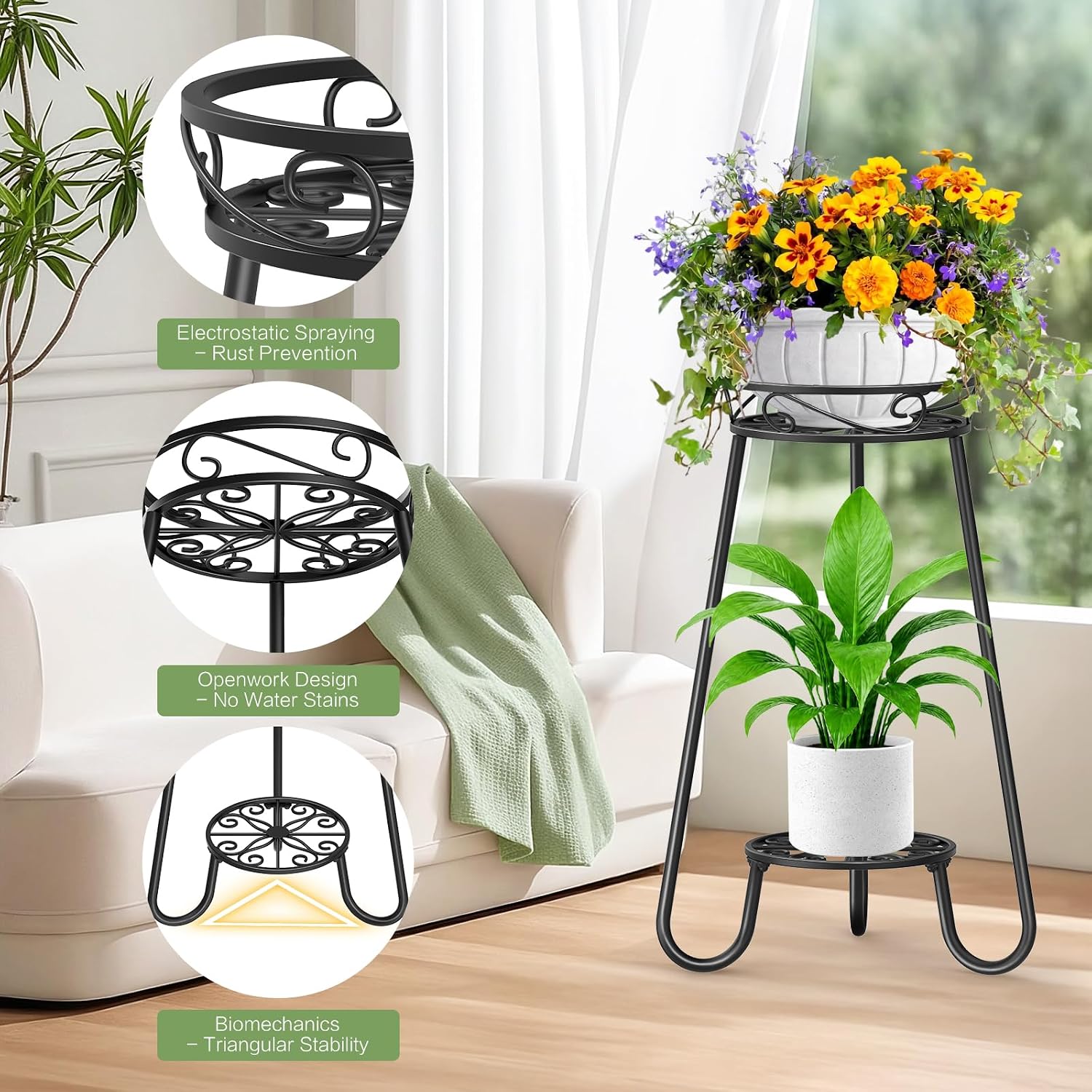 2 Tier 27.2 Inch Tall Corner Plant Stand Indoor Outdoor, Black 3 Leg | Metal Heavy Duty Flower Plant Shelf，Rustproof