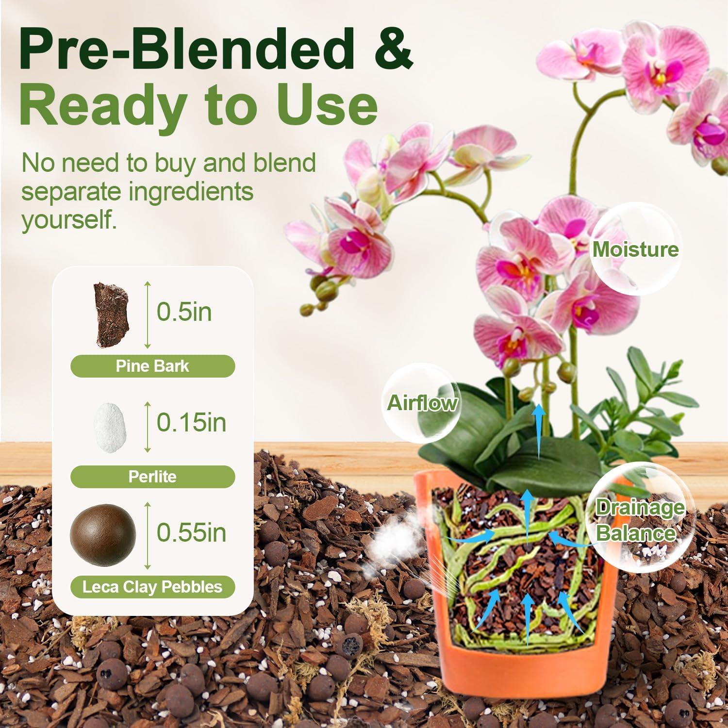 Orchid Bark Potting Mix 18 Quart, Mix Pine Bark,Perlite, Sphagnum Moss and Clay Pebbles for Plants, Orchid Garden Soil