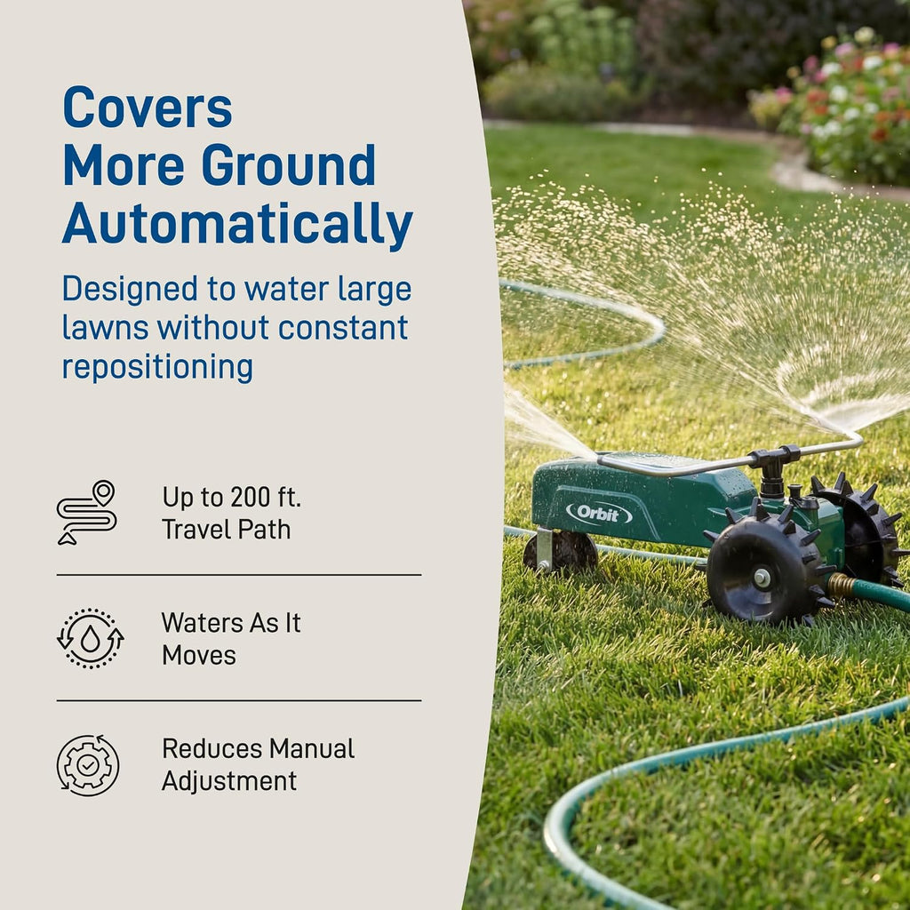 Orbit Traveling Tractor Water Sprinkler - Self-Propelled Traveling Sprinkler for Wide Lawn Coverage - Cast-Iron Body