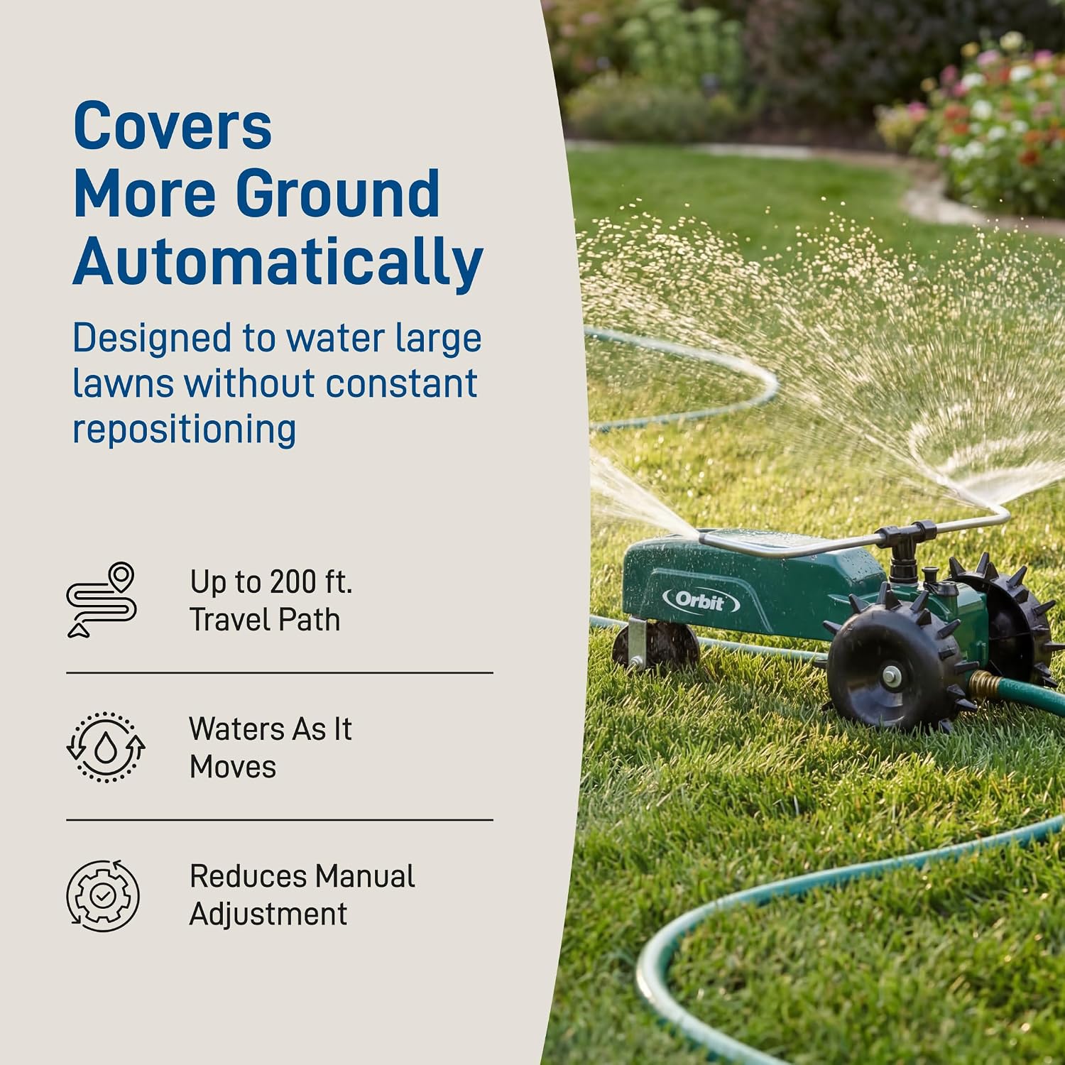 Orbit Traveling Tractor Water Sprinkler - Self-Propelled Traveling Sprinkler for Wide Lawn Coverage - Cast-Iron Body