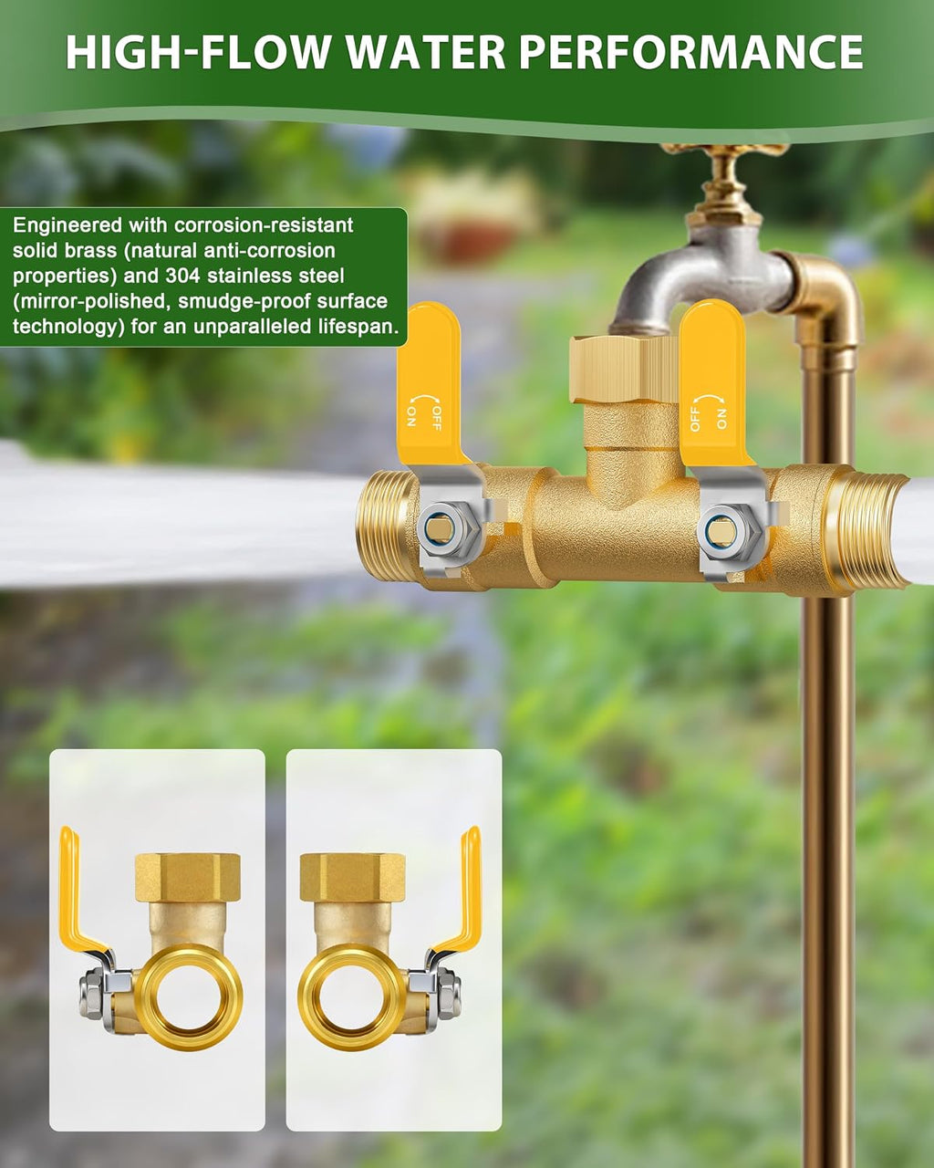 Hose Splitter 2 Way, Heavy Duty Brass Garden Hose Splitter | 0.59" Full Flow Ball Valve Outlet, Shut-Off Valve, 3/4"