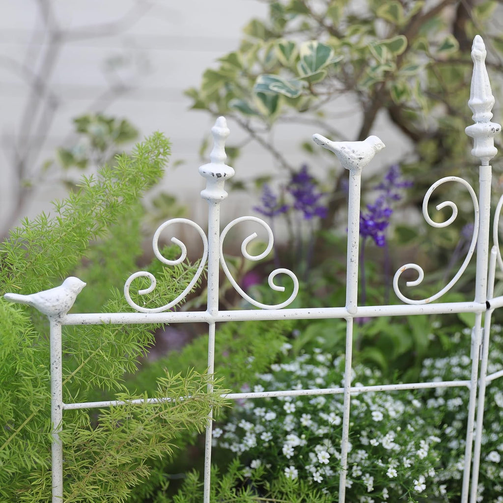 Vintage Distressed White Metal Garden Fence Panels, 25.6" W x 23.2" H Rustic Cast Iron Picket Fence, Outdoor Landscape
