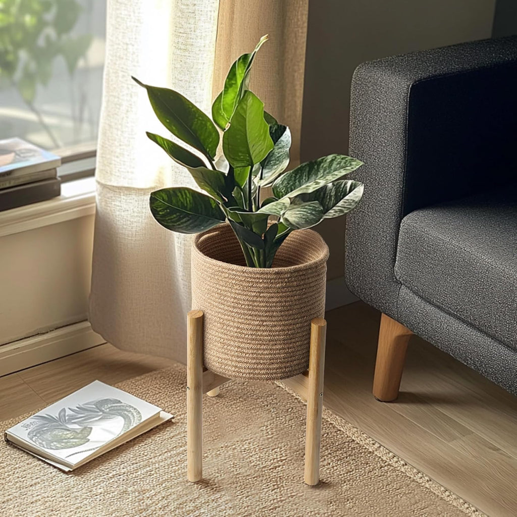 Plant Basket with Stand, Indoor Round Wicker Basket Plant with Bamboo Wood Stand, Decorative Woven Rope Flower Indoor