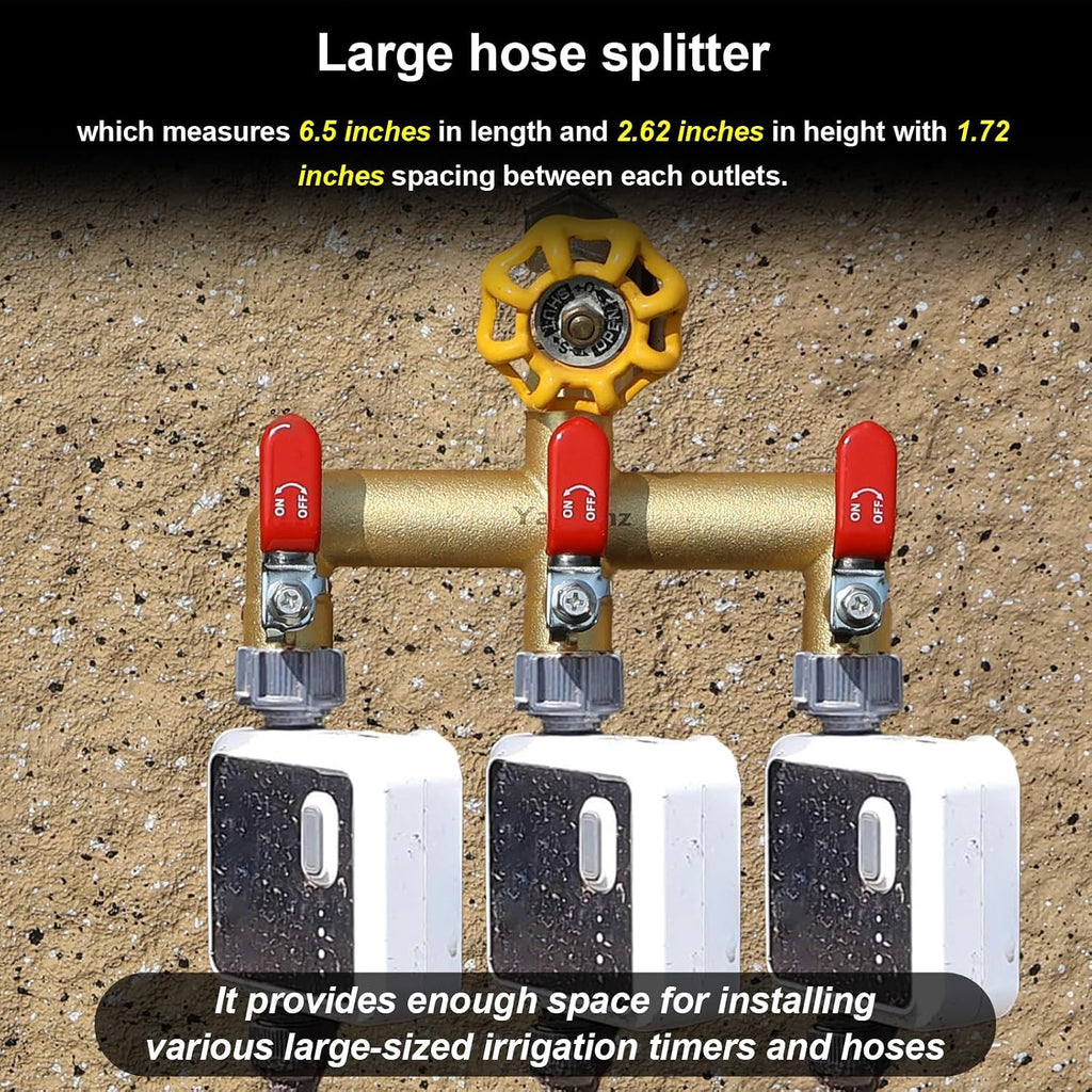 3 Way Garden Hose Splitter, 3/4" GHT Outdoor Water Spigot Splitter | Heavy Duty Solid Brass Body with Shut-off Valves &
