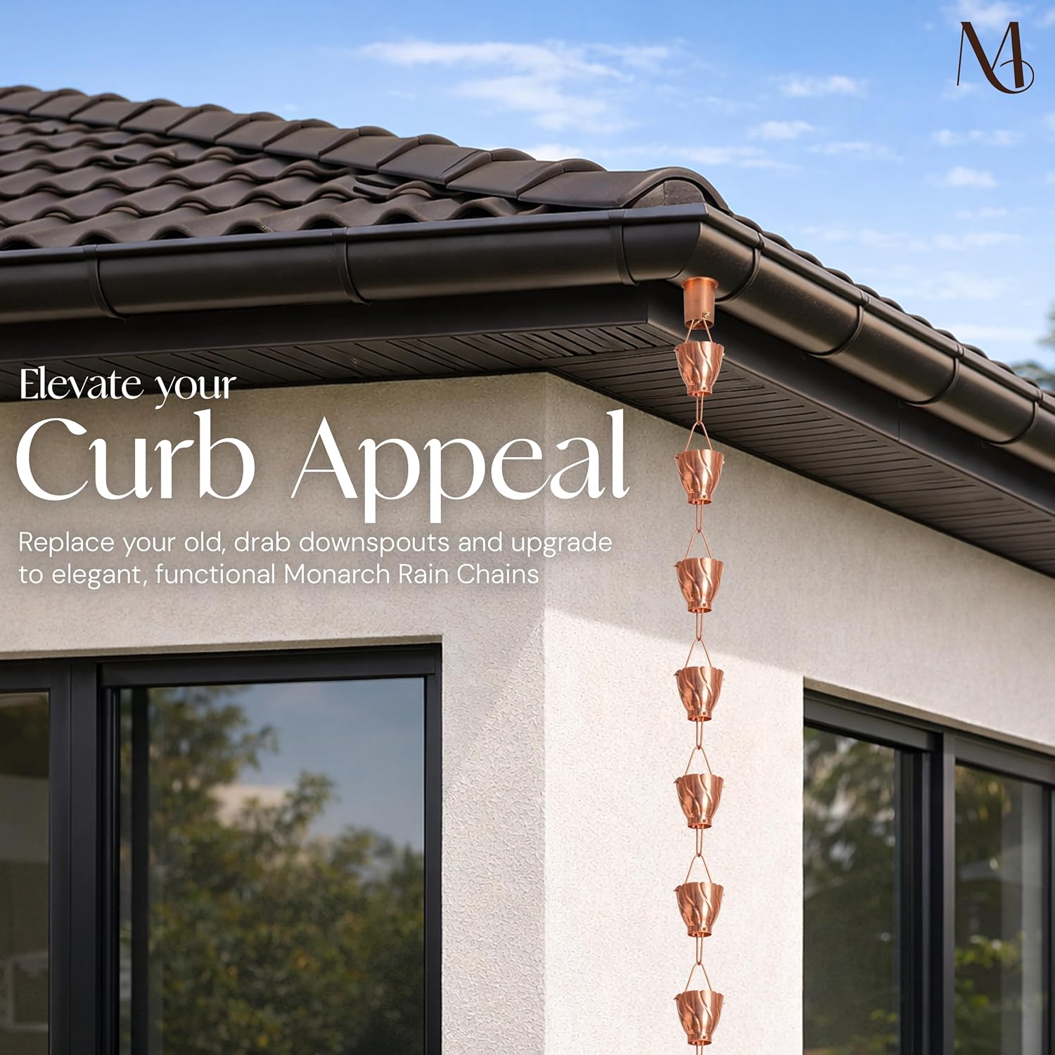 Monarch Rain Chains Pure Copper Akira Rain Chains for Gutters – 8.5 ft Decorative Rainchain Outdoor Durable Heavy Duty