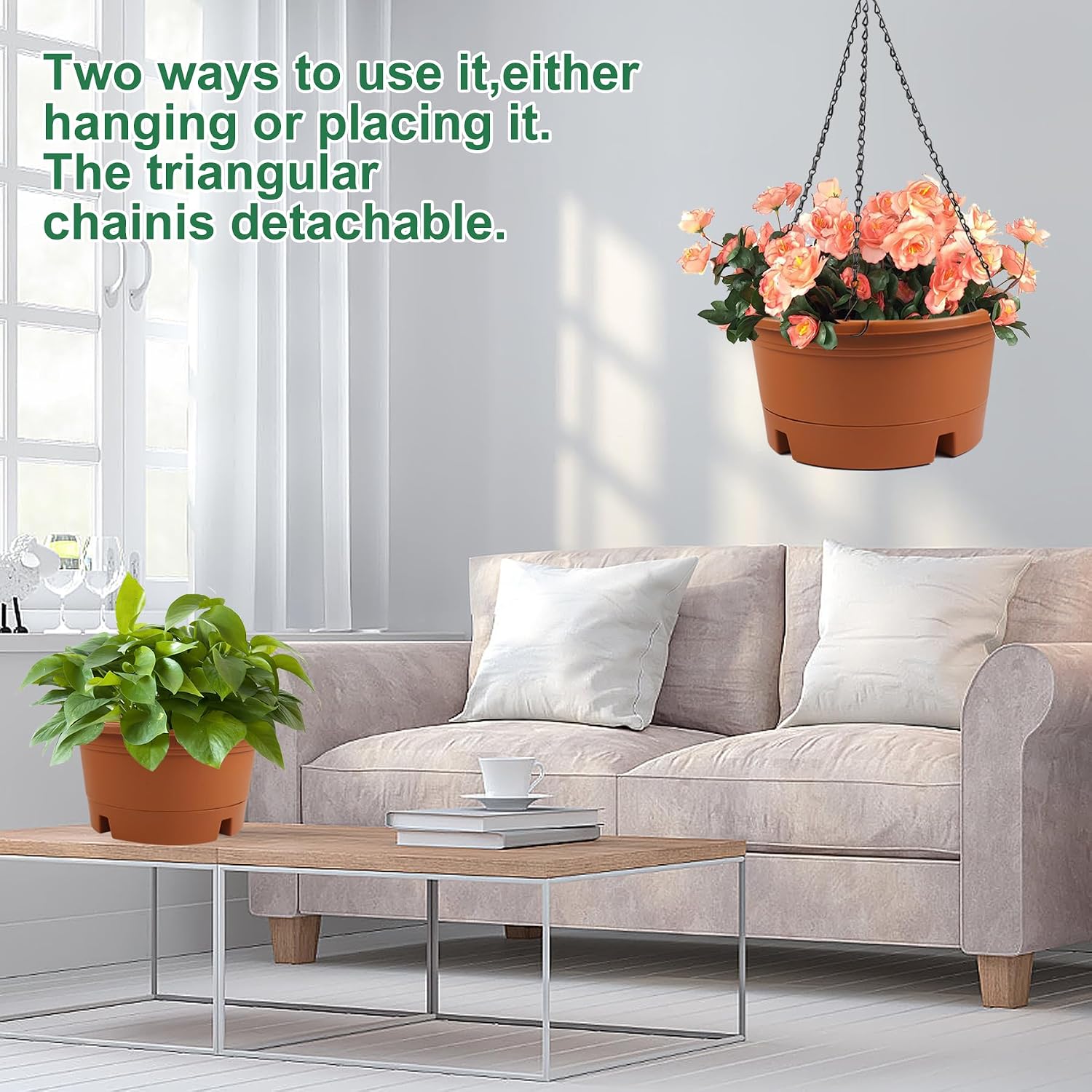 4 Pack 12 Inch Large Plastic Hanging Planters for Outdoor Plants | Plastic Hanging Basket Pots with Drainage Trays &