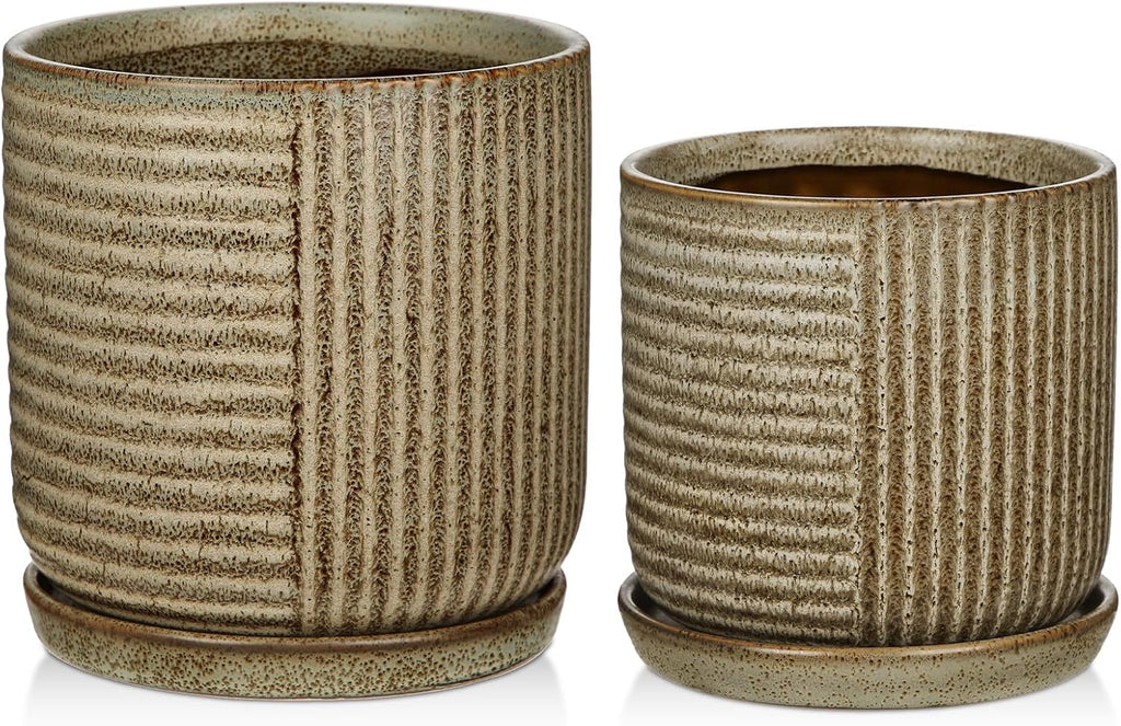 Oairse Ceramic Pots for Indoor Plants, 6.1 +4.9 inch Pots for Plants Set of 2 Brown Plant Pots with Drainage Holes and