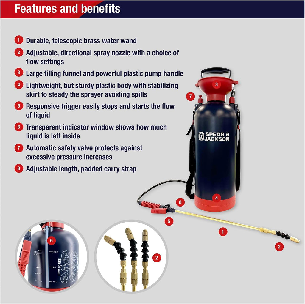 Spear & Jackson 8LPUMP 8 Litre Pump Action Pressure Sprayer – High-Capacity Multi-Purpose Garden & Outdoor Sprayer with