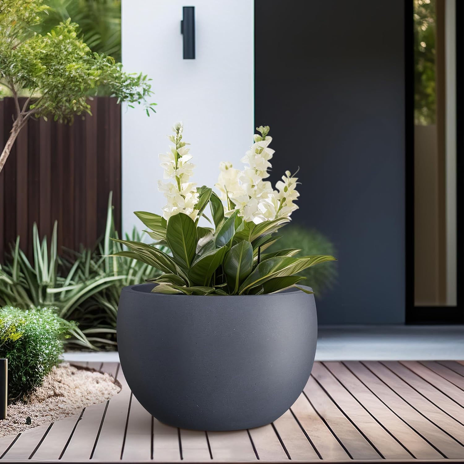 Kante Accent Round Bowl Charcoal Concrete Planter 15.7" Dia, Outdoor | Rubber Plug for Indoor, Drainage for Garden