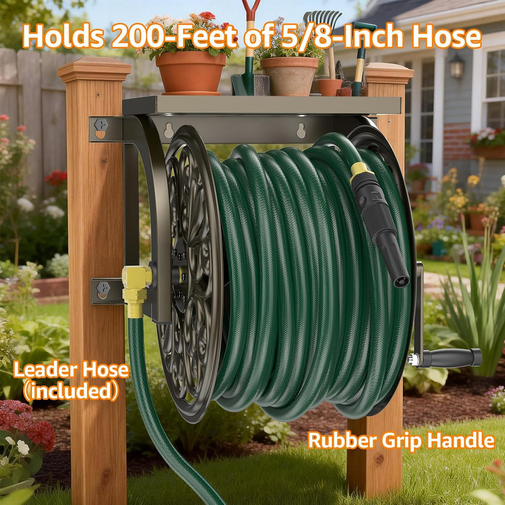 GOFORWILD Wall Mount Garden Hose Reel, Holds 200-Feet of 5/8-Inch Hose | Decorative Hose Reel, Heavy-Duty Water Hose