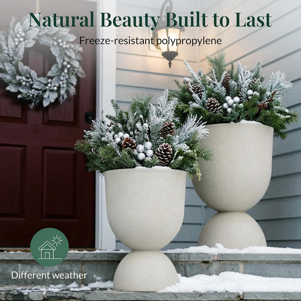 KOL Planters Flower Pots, Large Plastic Urn Planters for Indoor Outdoor Plants, Beige Pedestal Planter Pots, 23 Inch