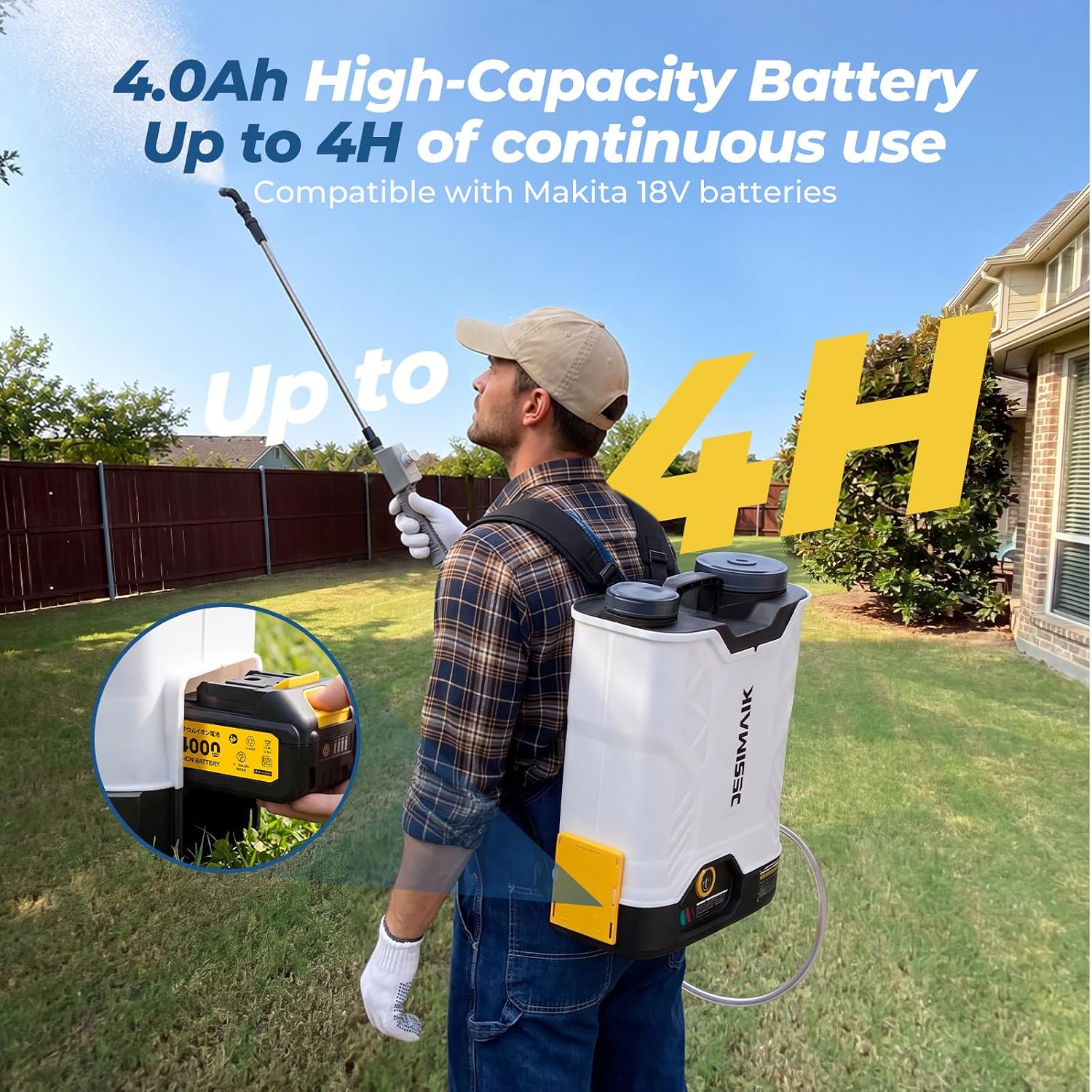 JESIMAIK Backpack Sprayer with Agitator, 120 PSI Handle-Mounted Pressure Control, 4.8 Gallon, 4.0Ah Battery Powered