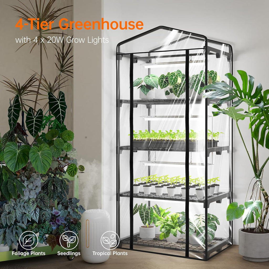 Indoor Greenhouse with Grow Light, 4x20W Plant Lights with Timer | Plant Shelf with Tent, 27.2x19.9x61.8in, Ideal for