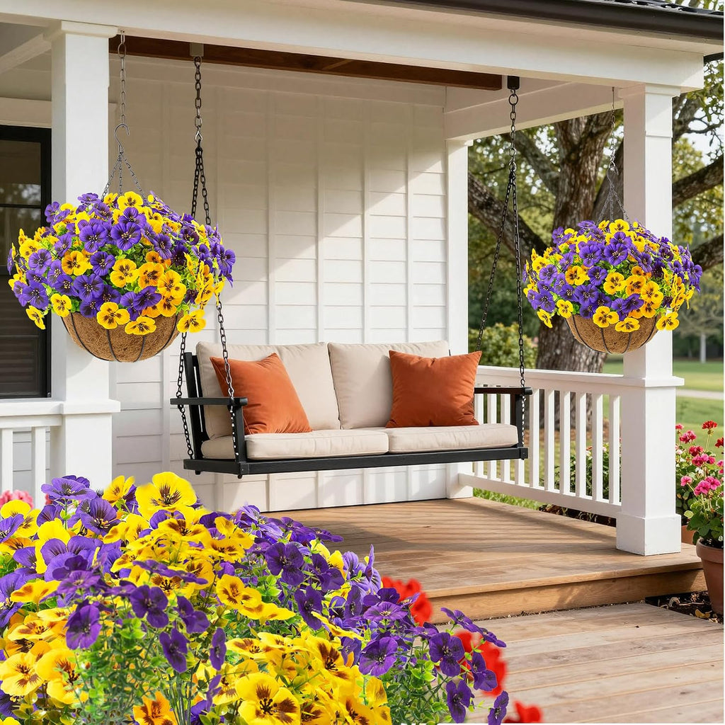 lovemoon 2 Sets Artificial Hanging Flowers with Baskets, 24 Pcs UV Resistant Faux Silk Pansies Outdoor Flower Pots for