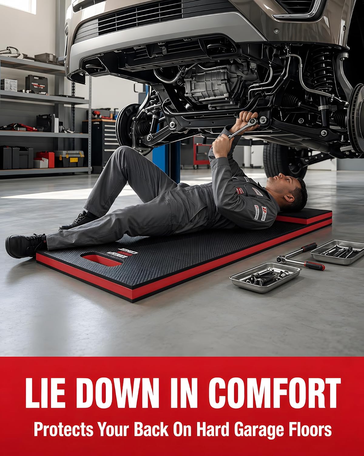 Mechanic Mat, 47.2 x 15.7 x 1 Inch Foldable Mechanic Kneeling Pad, Red | 6-Panel Firm Foam Support for Garage Repair