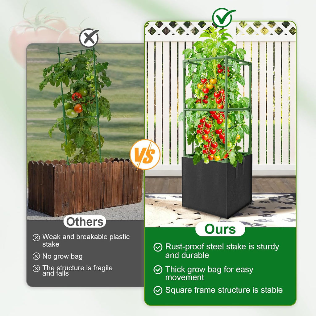 3 Pack Tomato Cages, Square Tomato Trellis with 17 Gallon Grow Bags,47IN Tall Heavy Duty Tomato Plant Support Stakes