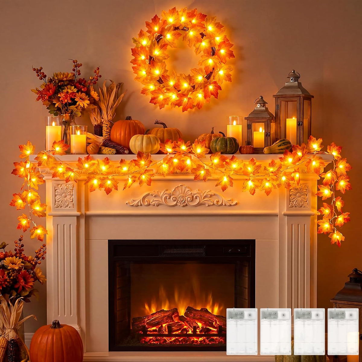 Brightown 4 Pack Fall Decorations for Home Maple Leaf Garland with Lights