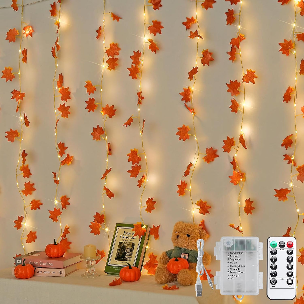 JMEXSUSS 200 LED Fall Garland with Lights, Maple Leaf Fairy Curtain Lights