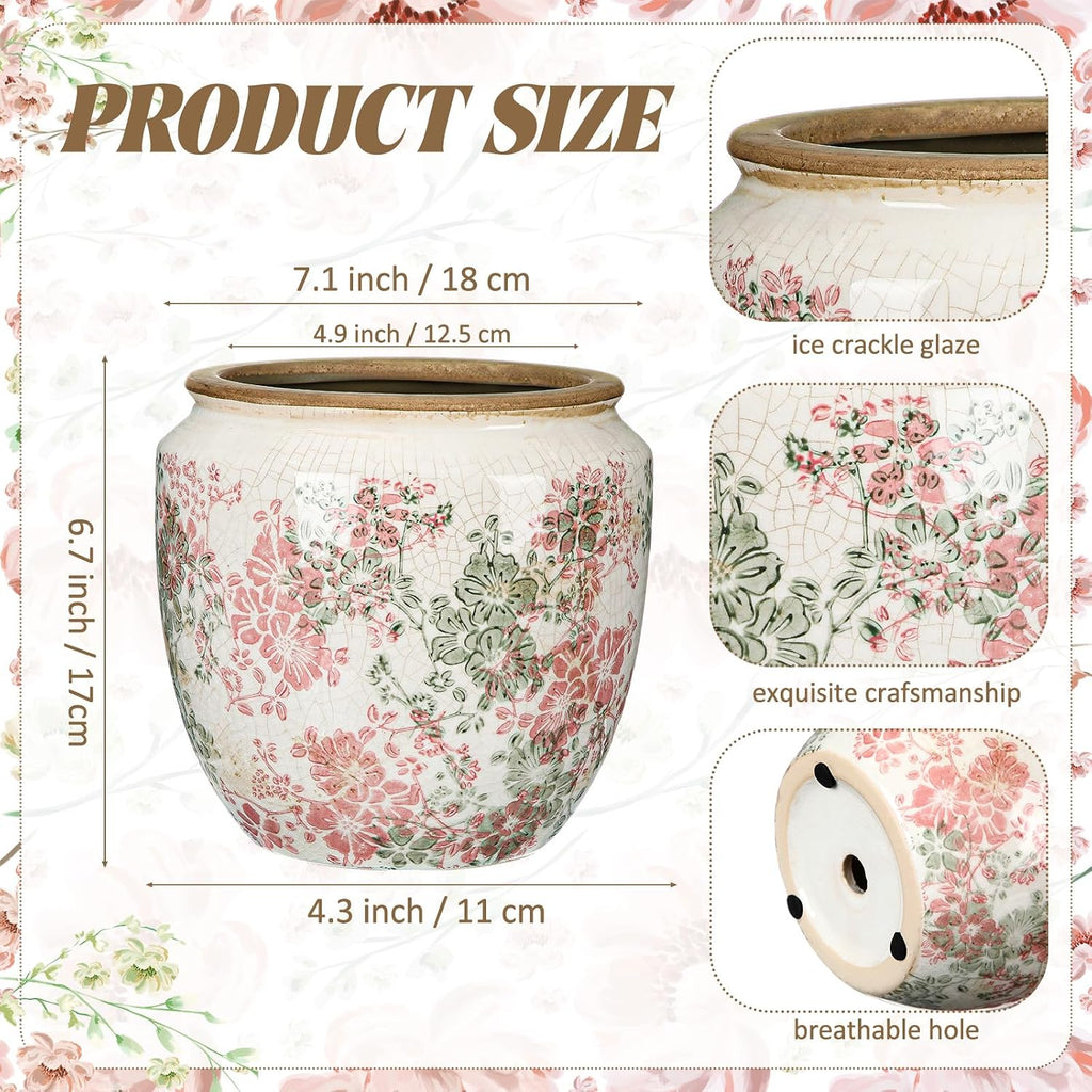LemonRoad 7 Inch Large Vintage Ceramic Planter with Drainage Holes Ice Crackle Flower Vase Flower Pot with Farmhouse