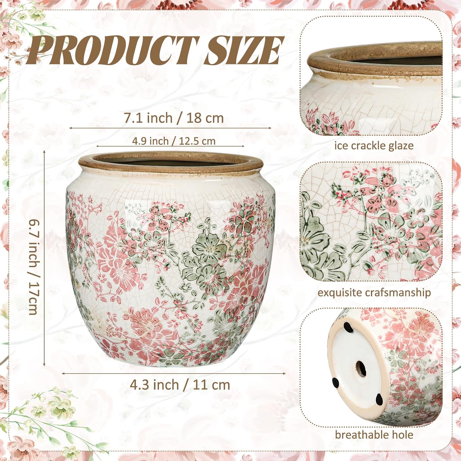 LemonRoad 7 Inch Large Vintage Ceramic Planter with Drainage Holes Ice Crackle Flower Vase Flower Pot with Farmhouse
