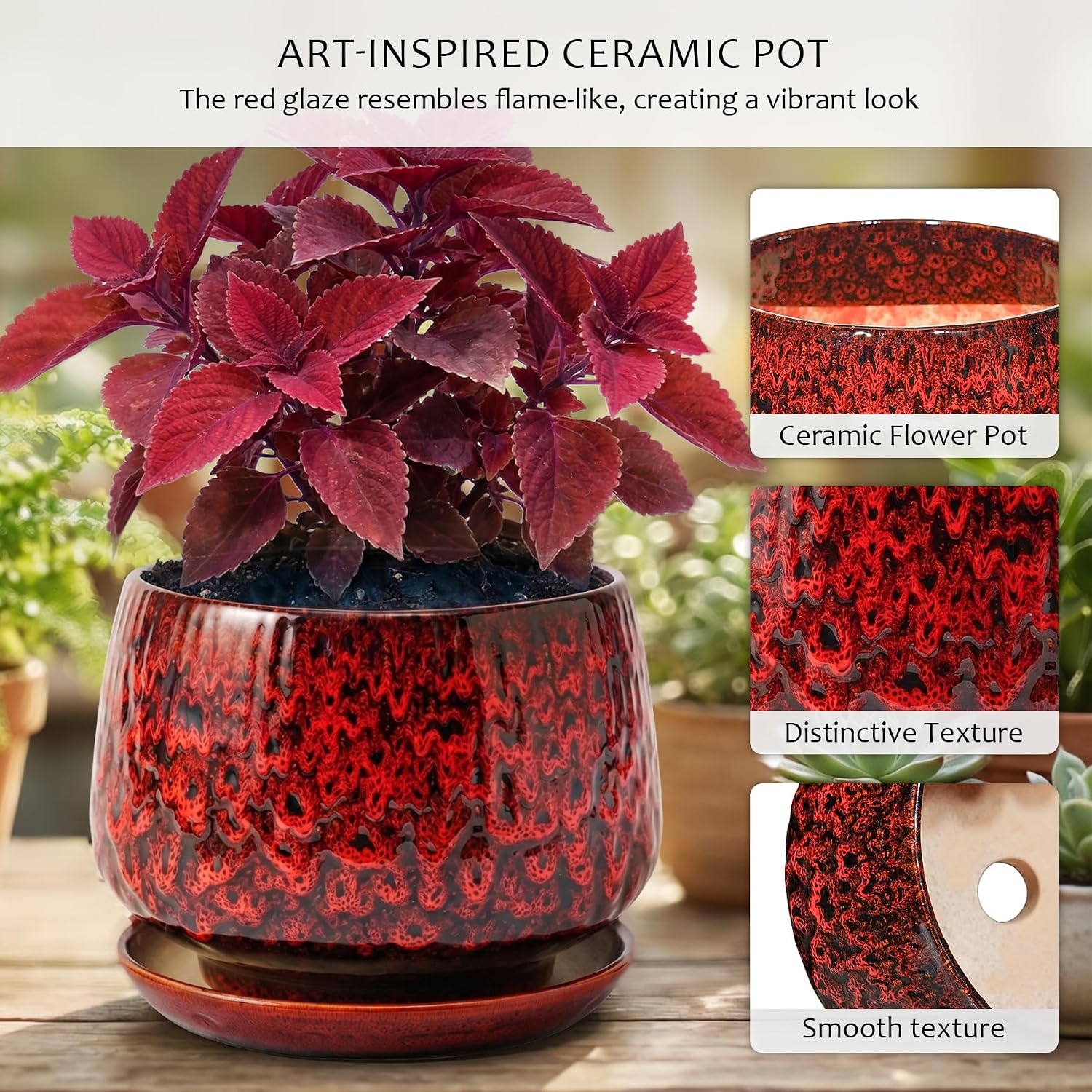 10.3 Inch Ceramic Planter with Saucer,Modern Garden Pots with Drainage Hole Mesh Net, for Indoor Outdoor Use (Speckle