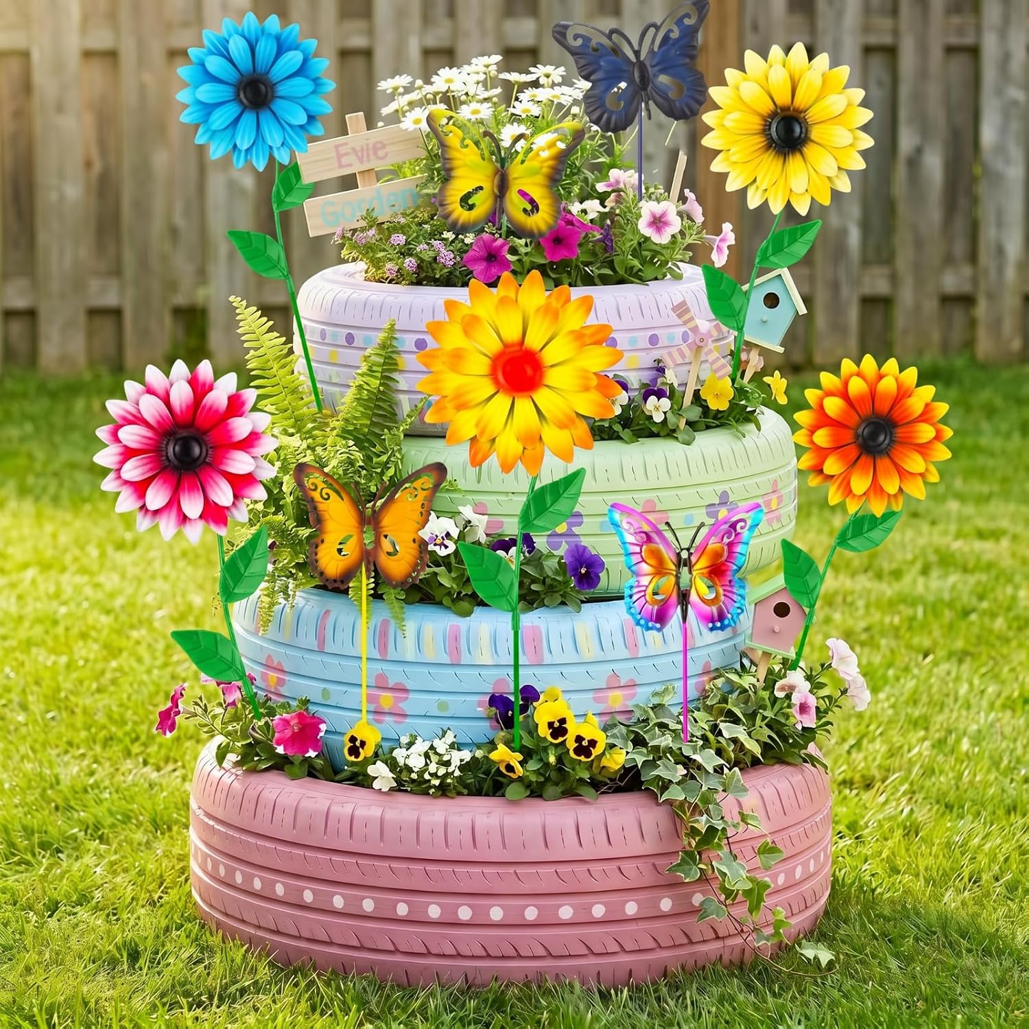 Chumia 10 Pack Decorative Garden Metal Flowers for Outside 3D Garden Flowers Stakes Art Outdoor Yard Decor for Lawn