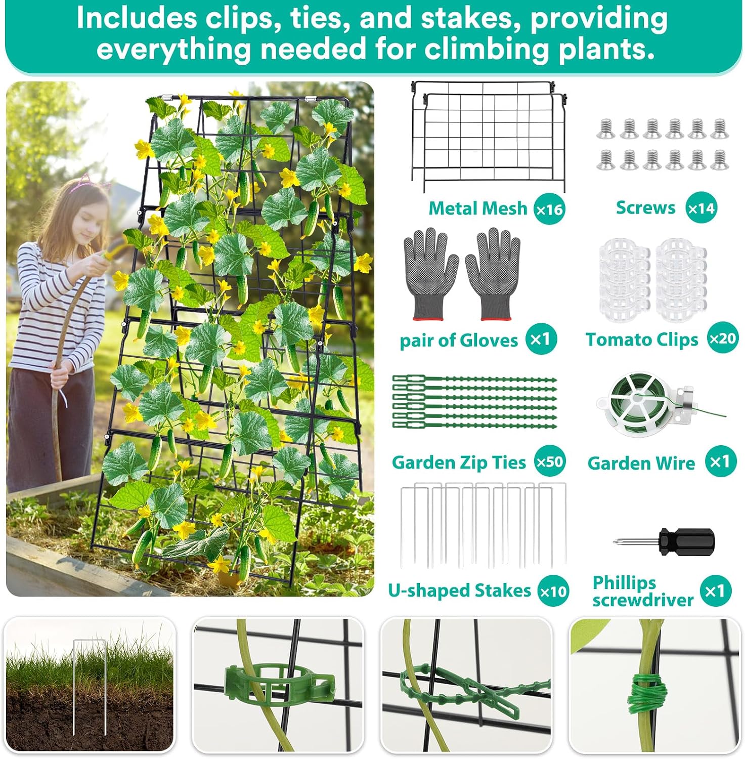 2Packs 17 x 42 Inch Garden Trellis for Raised Beds Foldable Climbing Plant Support Cucumber Trellis Outdoor A-Frame