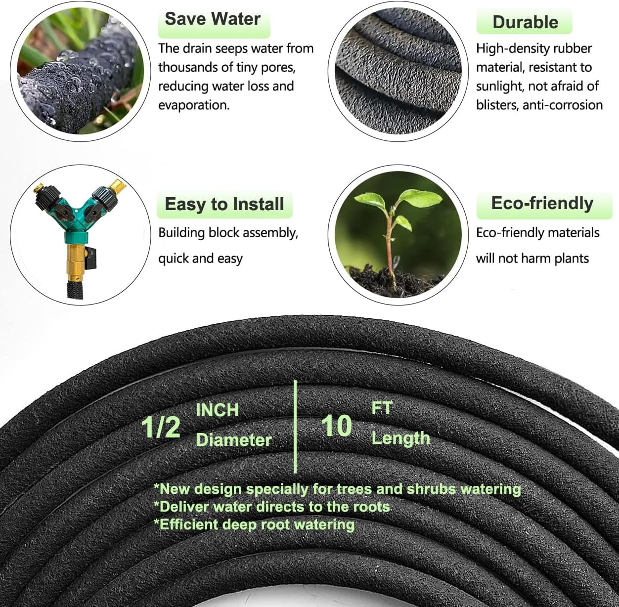 2-PACK Soaker Hose 10 FT, Automatic Drip Irrigation Tree Watering System | 1/2" Soaker Tree Ring Hose, Tree Irrigation