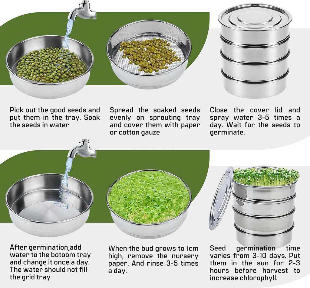 Stainless Steel 4-Tier Seed Sprouting Kit, 6'' Diameter, Indoor Gardening Planter for Microgreens Broccoli Sprouts