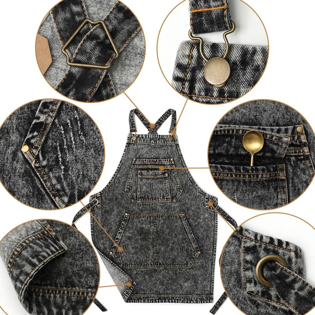 Jeanerlor - Denim Apron with Pockets for Hair Stylist Gardening Craftsmen Barista Women Hairdresser Jean Work Apron
