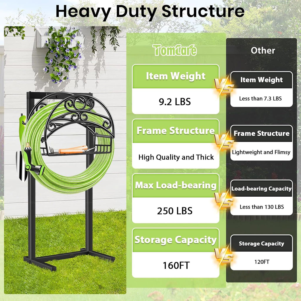 TomCare Garden Hose Holder, 4 Spikes Water Hose Hanger for 160FT Hose | Heavy Duty Metal Frame, 250 lbs Load Capacity