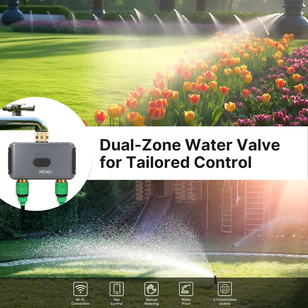 MOES WiFi Sprinkler Timer 2 Zone with BLE Hub, Brass Inlet & Outlet, Grey | Programmable Smart Watering System for