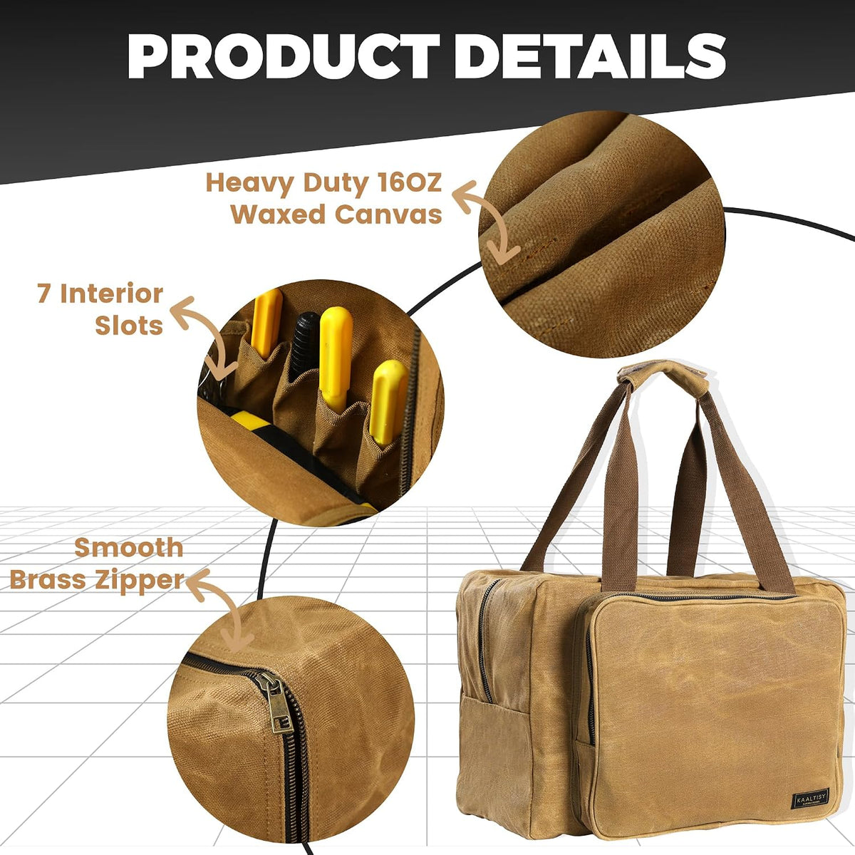 Tool Tote Bag - Large Capacity Tool Carrying Bag with 2 Zipper Pouches, Sustainable 16OZ Waxed Canvas Garden Tote for