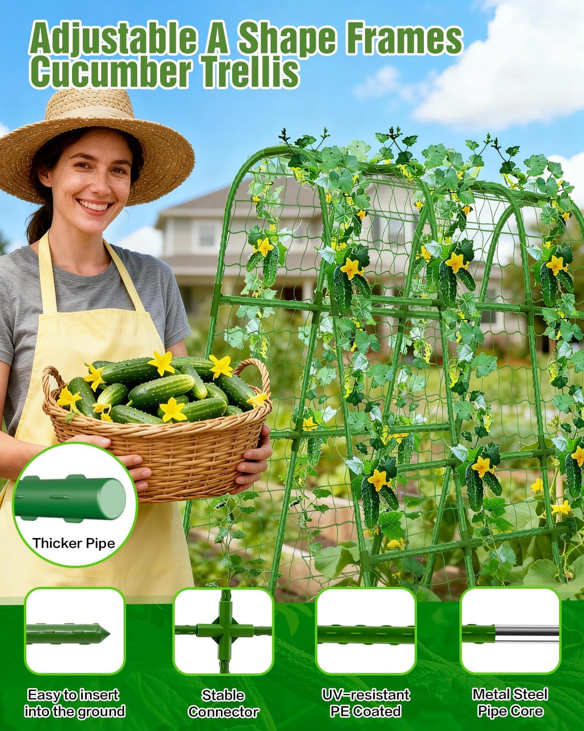 51x35x48in U-Shape Metal Arch Cucumber Trellis for Raised Bed with Net | Sturdy garden trellis, Climbing plant support
