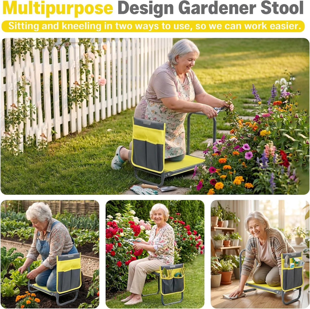 Garden Kneeler and Seat Heavy Duty, Foldable Gardening Stool Bench | With Widened Thick Soft Kneeling Pad and Tool