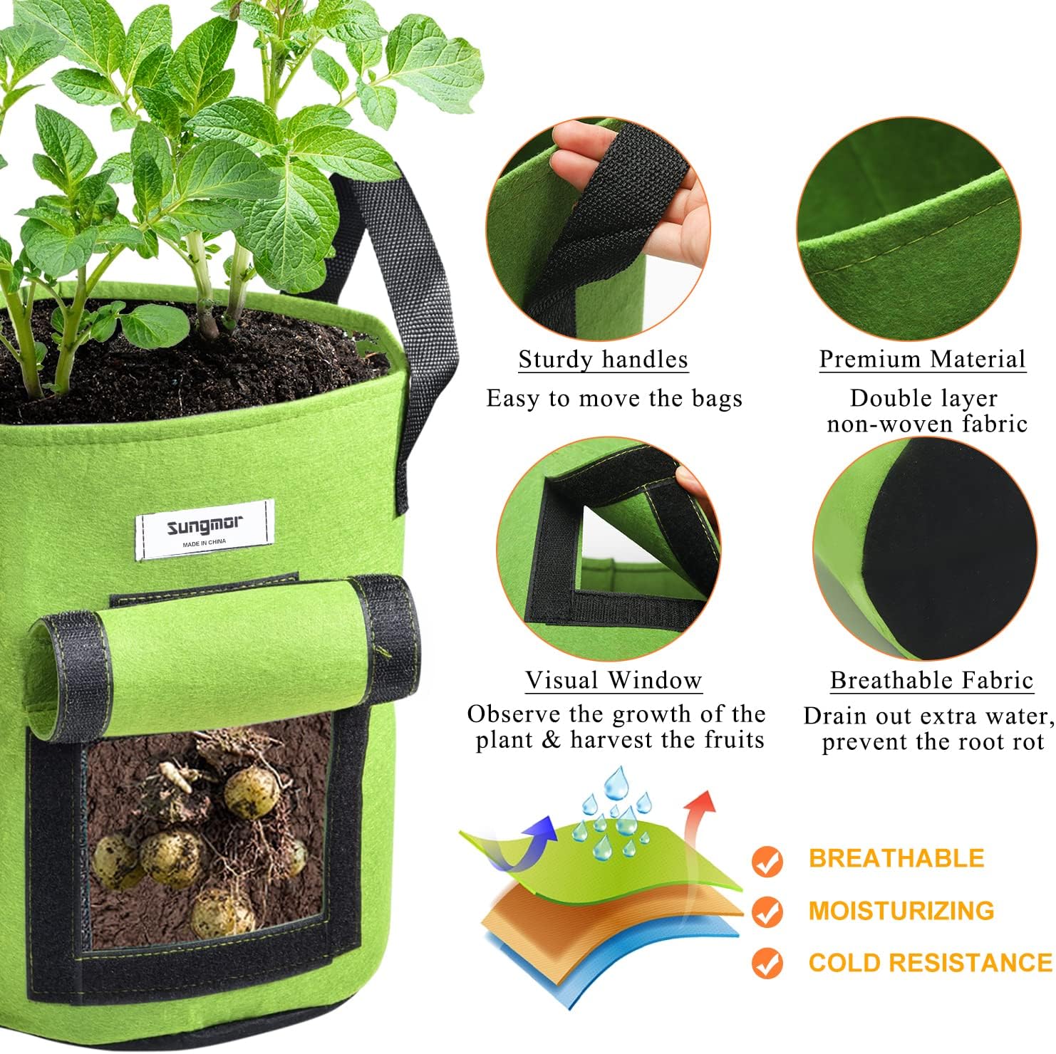 Sungmor 3PC Large Fabric Pots, 10 Gallon Non Woven Planters | Patio Garden Bags Cloth Pots, Heavy Duty Thick Planters