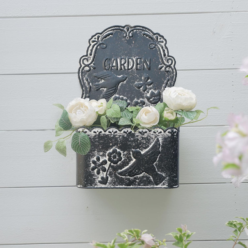 BIG FORTUNE Metal Wall Mount Planter Wall Vases for Flowers Shabby Chic Decor for Rustic Farmhouse Outdoor Decor (Black)