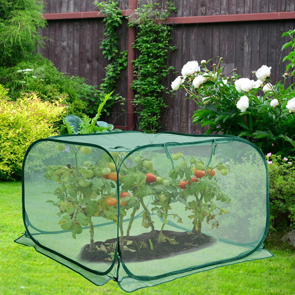 2 Pcs Pop Up Mesh Plant Cover, 35" x 35" x 27.5" Foldable Plant Protector Mesh Plant Enclosure, Garden Net Cage Guard