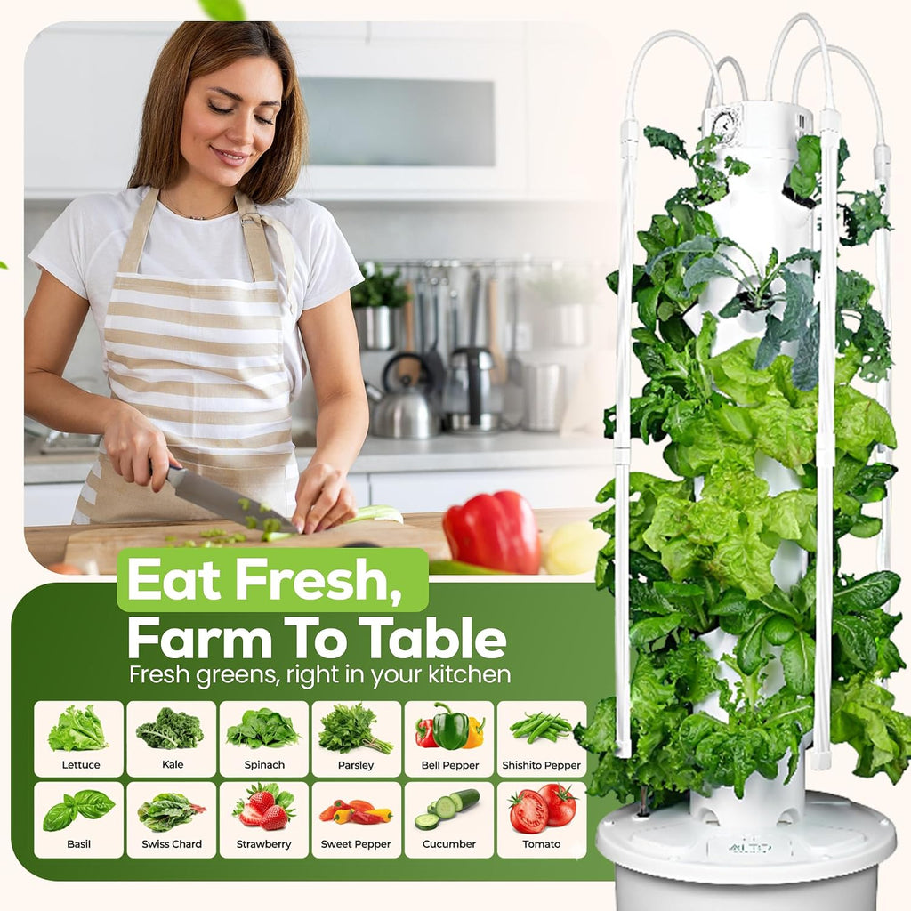 GX Hydroponic Tower | Vertical Planter Tower | Hydroponics Growing System Kit | Food Grade with 24 Net Pots (with LED