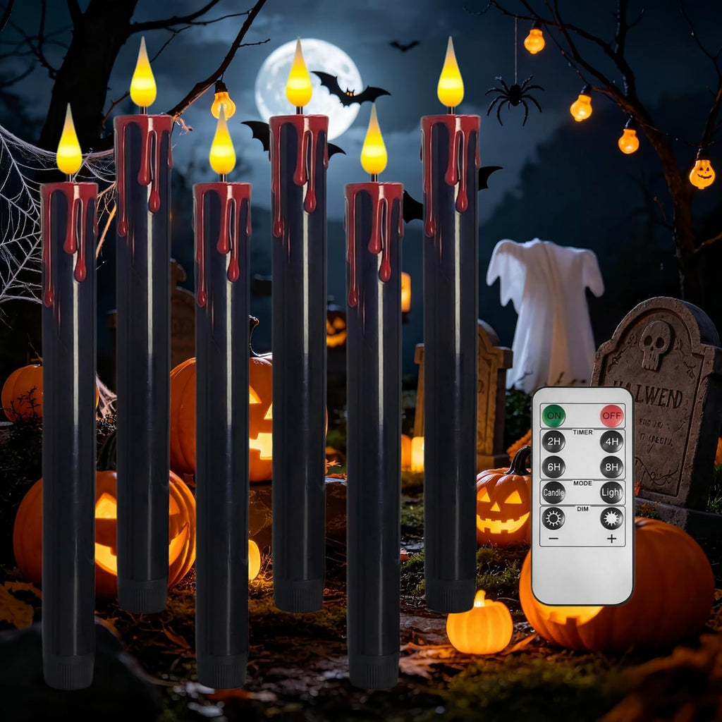 Black Halloween flameless taper candles, flickering, remote and timer