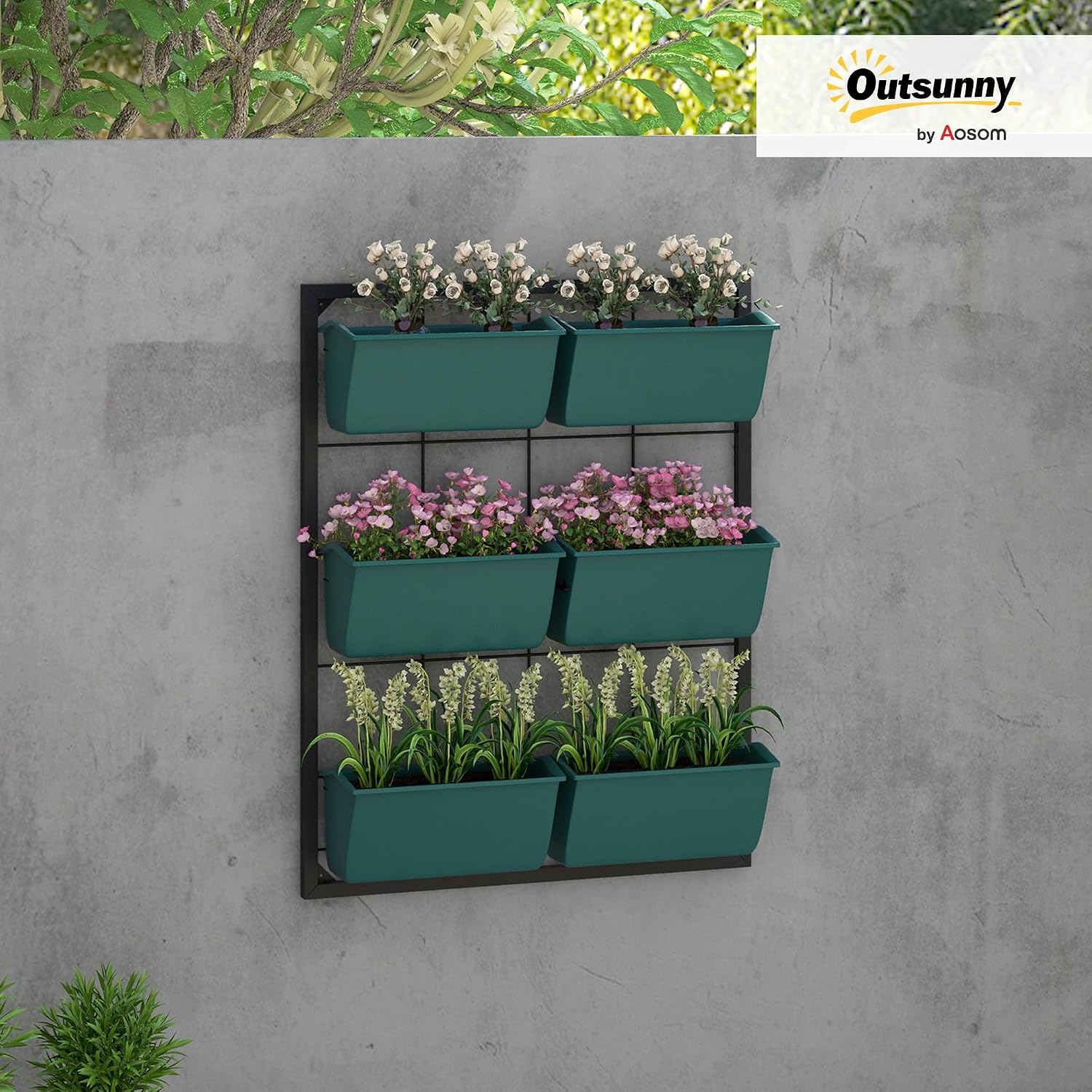 Outsunny 3-Tier Wall Planter w/ 6 Pots, Outdoor Hanging Planter, Green | Indoor Outdoor Use, Self-Draining